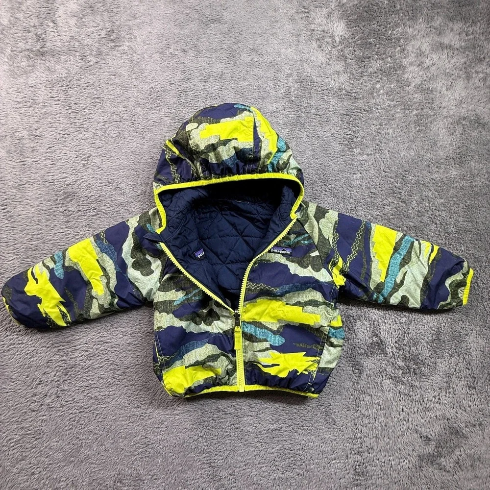 Patagonia Reversible Puff Ball Jacket 2T Navy Camo Yellow Quilted Hooded Zip - Picture 1 of 8